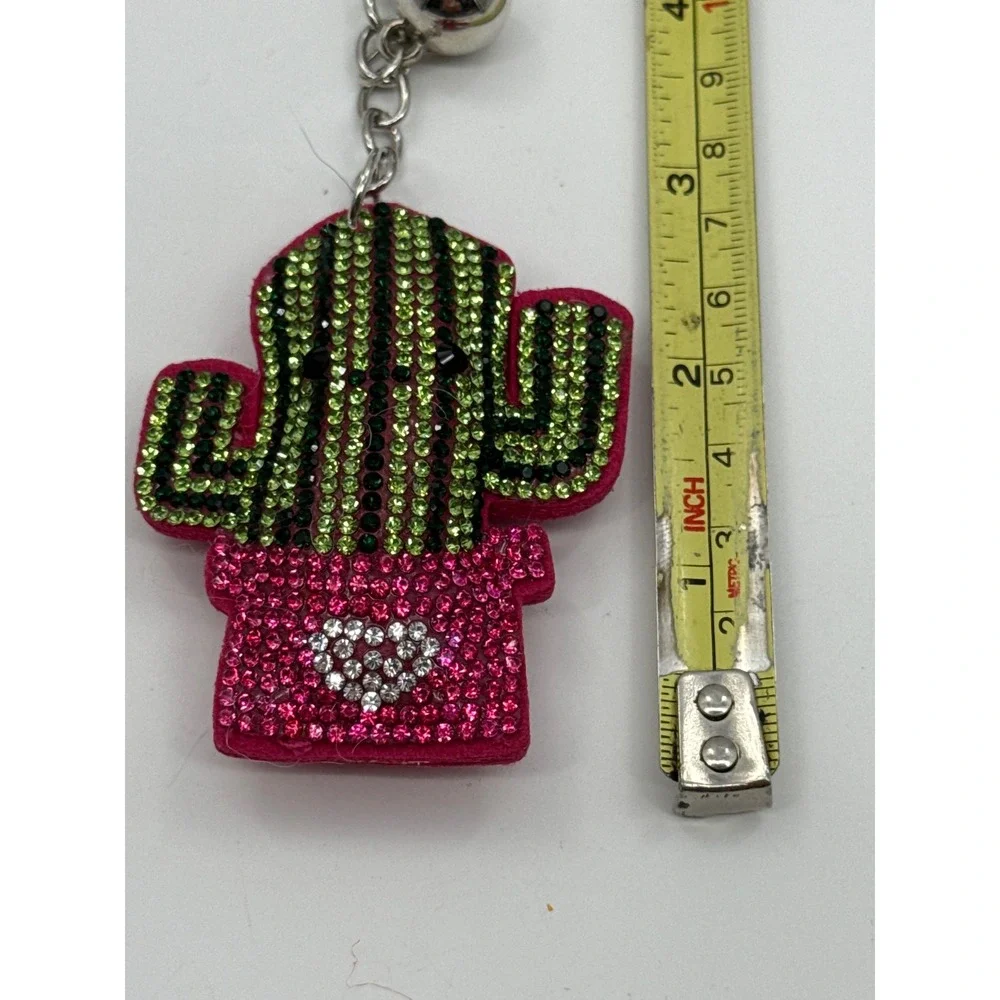 Pink Rhinestone Cactus Keychain with Tassel and Bell Bag Charm Accessory